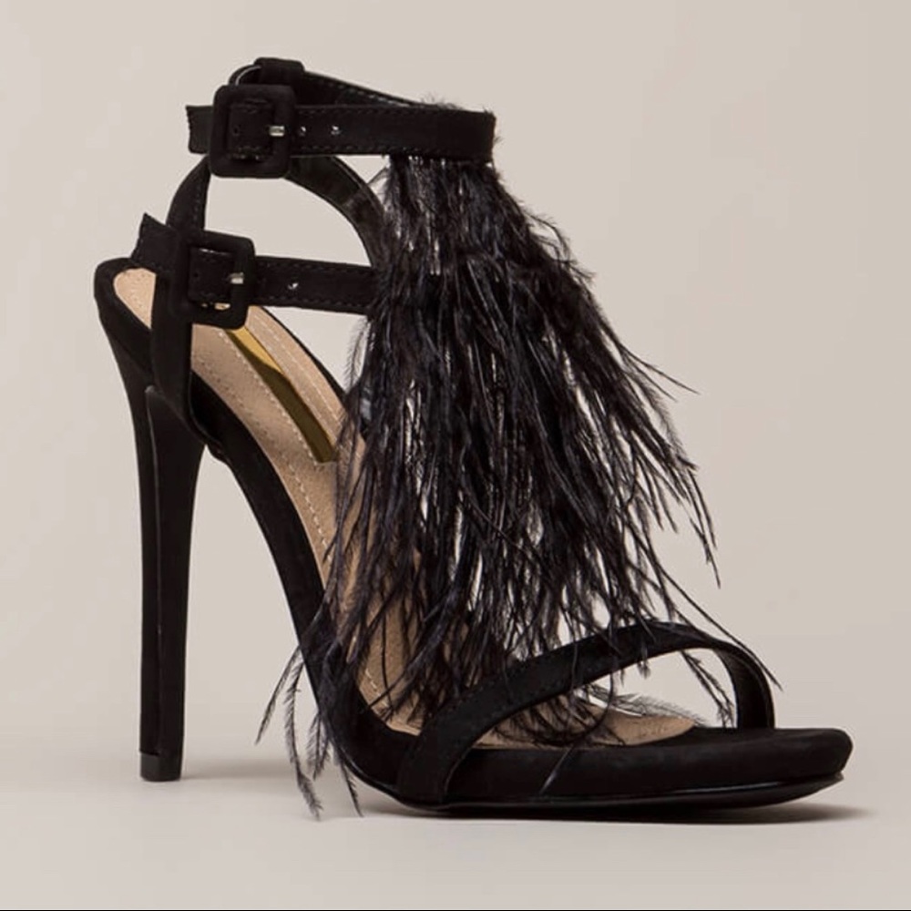 🔥Hot🔥Sale Black Feathered Open Toe Heels